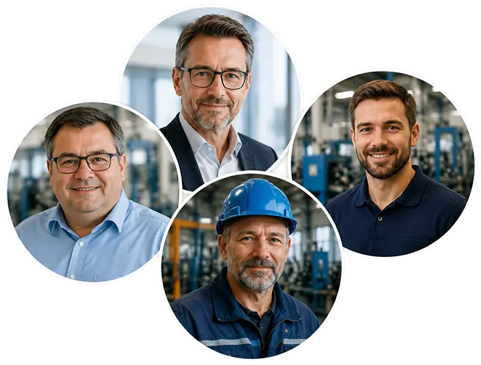 Vier Personen aus verschiedenen Rollen im Unternehmen: Geschäftsführung, Werksleitung, Produktion und Wartung.